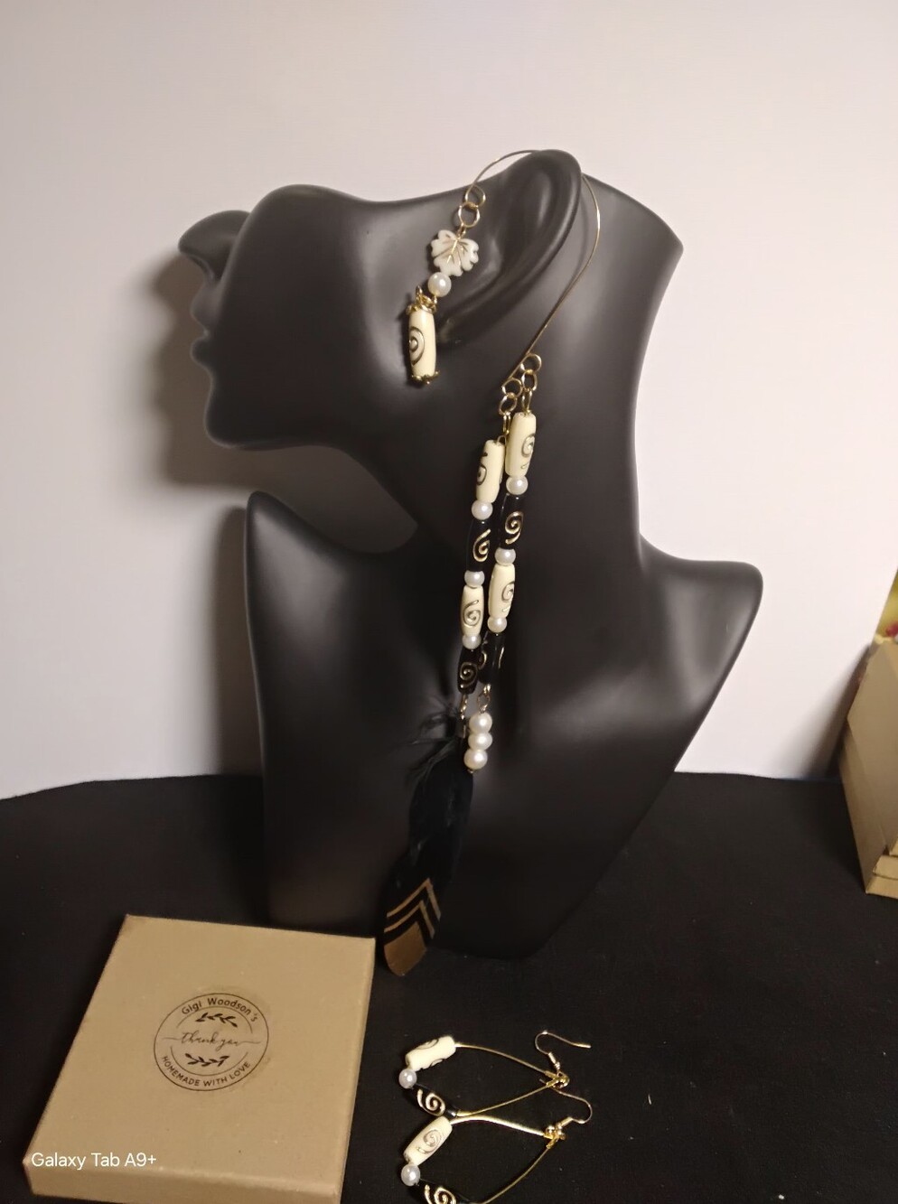 Boho Black and Cream Feather Dangle Cuff Earrings with Gold Accent